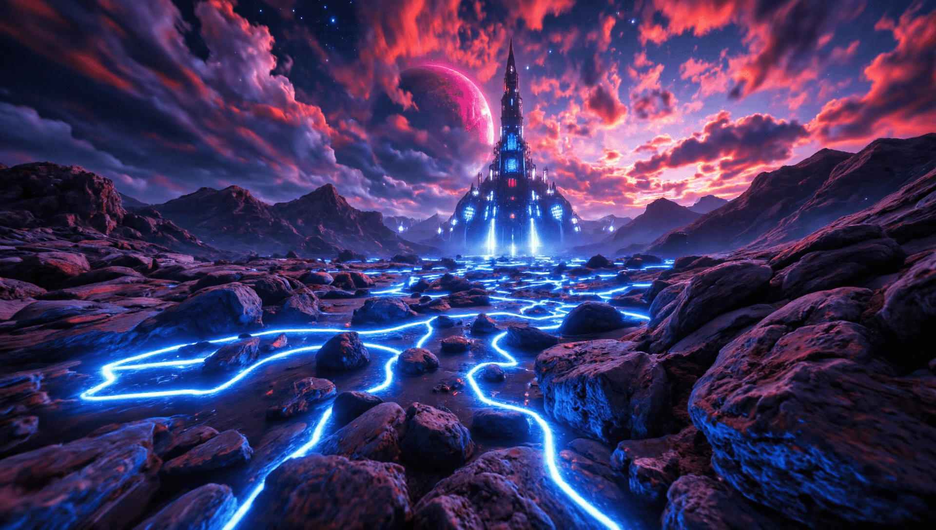 AI generated: The image depicts a fantastical landscape that appears to be set in an otherworldly environment. The...