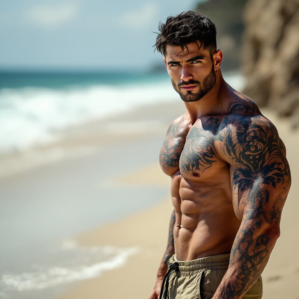 AI generated: Young Italian bodybuilder, with lots of tattoos, short black hair, green eyes wearing khaki shorts o...