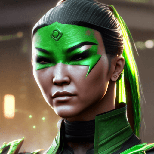 AI generated: Mortal Kombat Jade, unmasked, cyberpunk, outdoor, street, green, hyperrealism, photorealistic, 8k, u...
