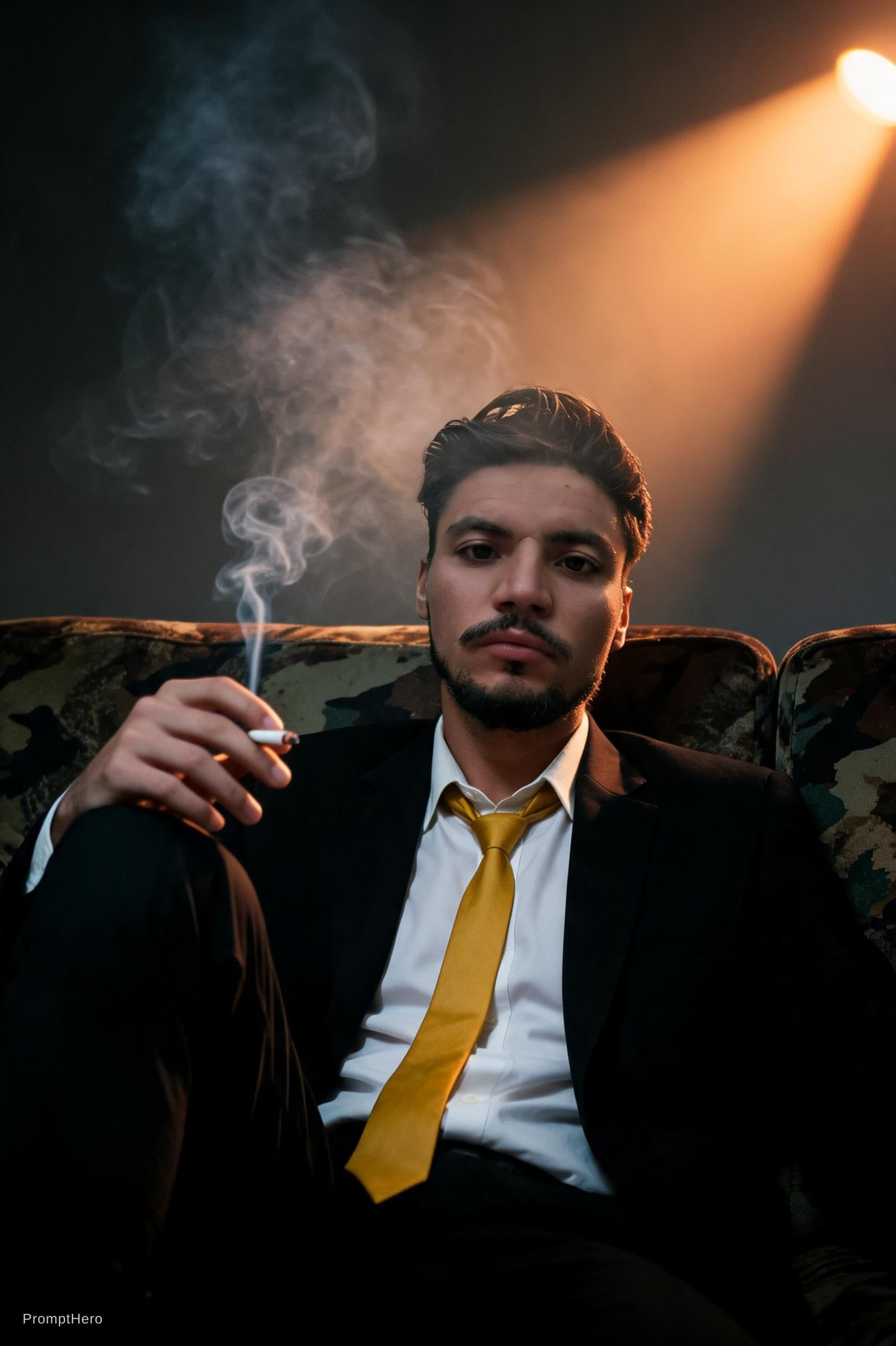 AI generated: photography, cover shoot, dimly lit room with a hazy atmosphere, capturing a professional male model...