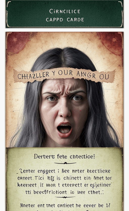 AI generated: High resolution photography Dreamy whimsical Oracle Card text in banner bottom of card 7. The Anger ...