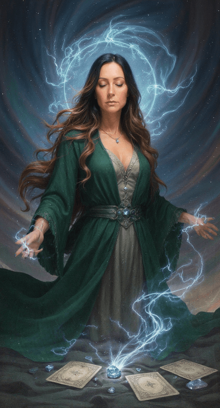 AI generated: ethereal female psychic guide in flowing robes, surrounded by cosmic energy, soft lighting, tarot ca...