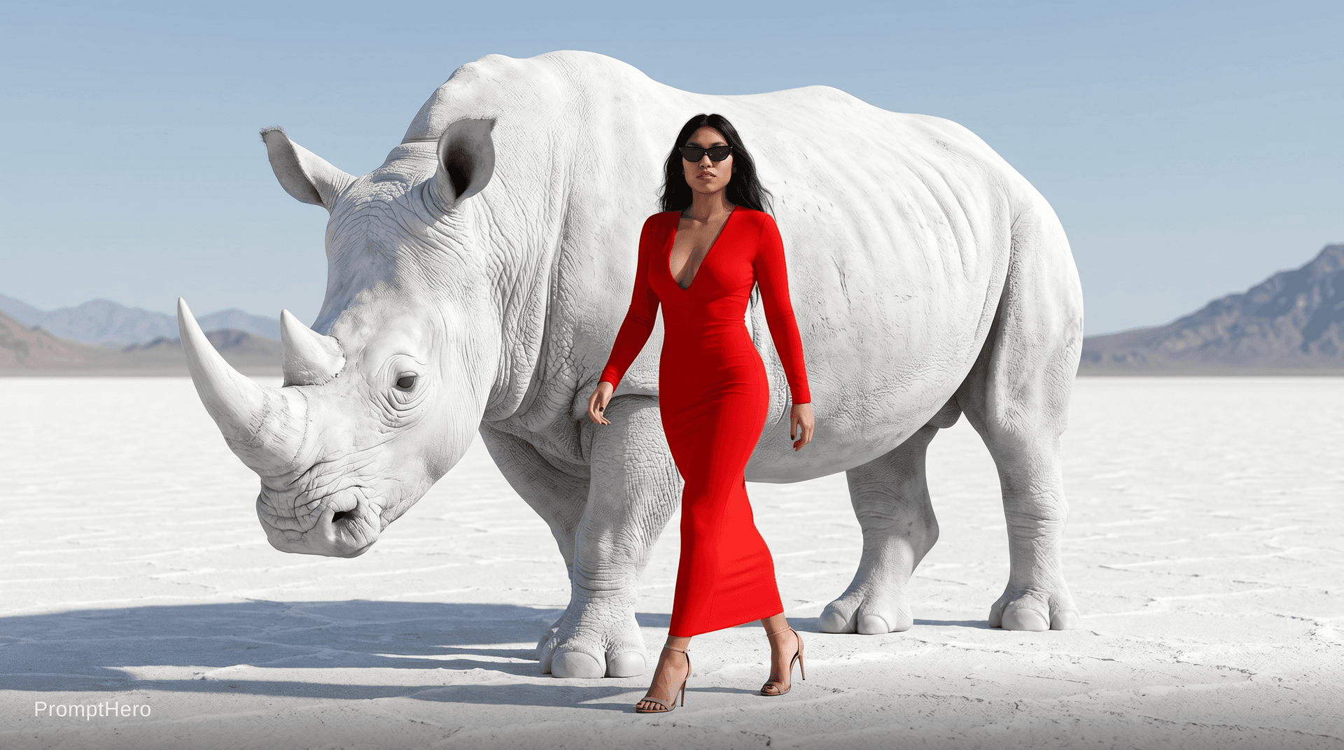 AI generated: {
  "scene": {
    "type": "editorial fashion surrealism",
    "location": "barren white desert with...