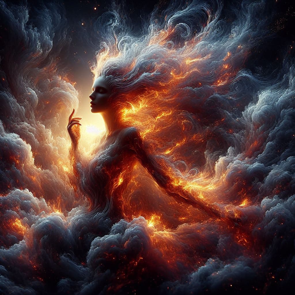 AI generated: Beauty born from fire, emerging from the void filled with chaotic storm of flames, beautiful and sof...