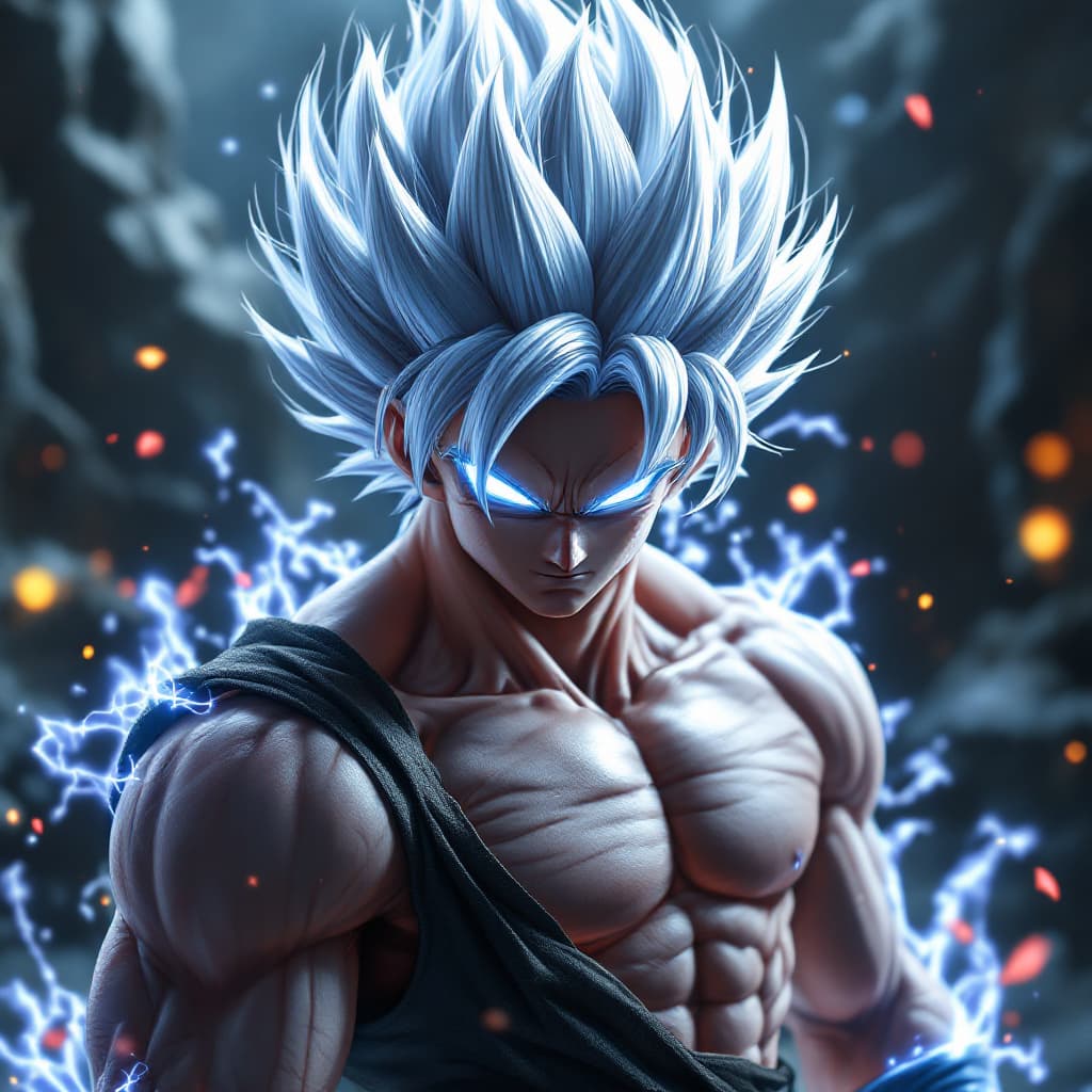 AI generated: "Goku Ultra Instinct, silver hair with glowing aura, ultra-realistic muscles, 8K, cinematic lighting...