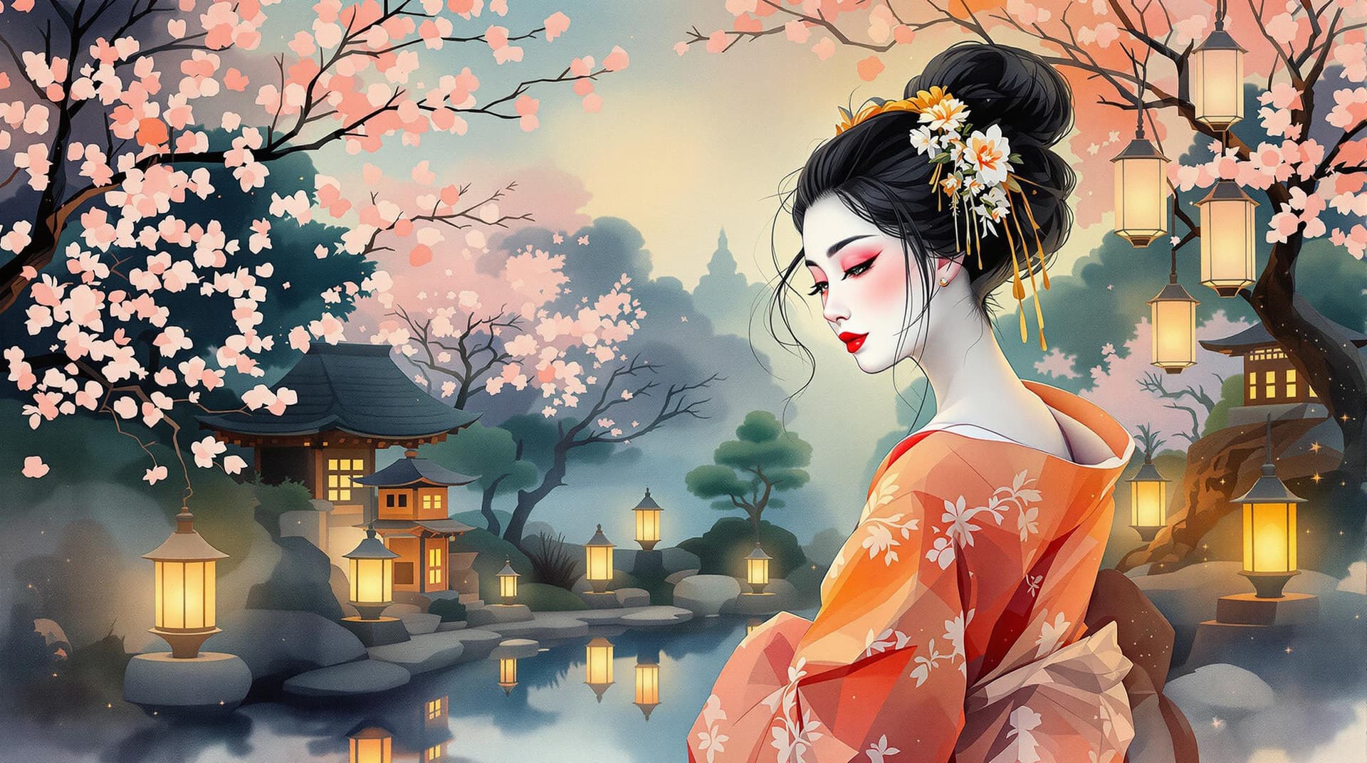 AI generated:  A vibrant watercolor portrait of a Japanese geisha, depicted in dynamic motion, set amidst a serene...