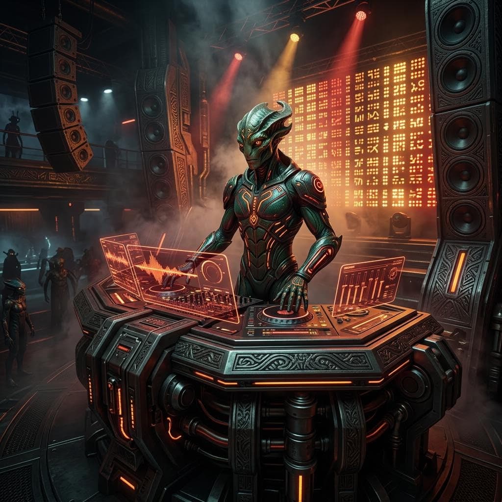 AI generated: Futuristic TAGG DJ command booth inside alien nightclub, massive elevated armored metallic platform ...