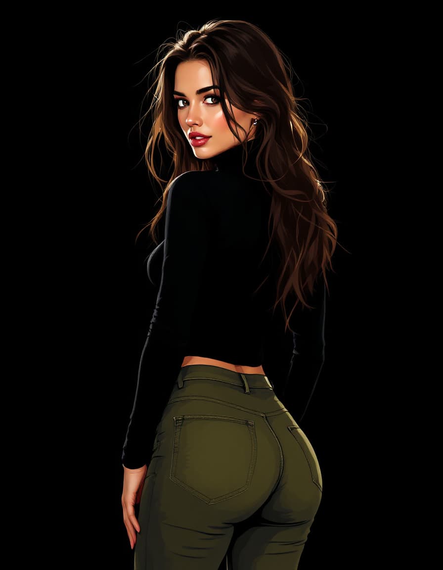 AI generated: Illustration by Luis Royo. Black background. A beautiful Lebanese woman with long brown hair. She we...