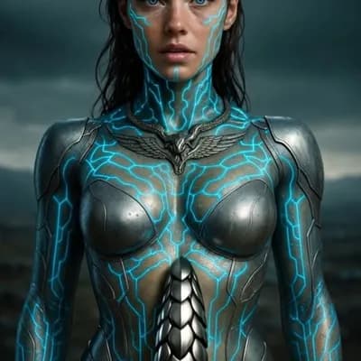 AI generated video: The serpent necklace around her collarbones stirs, its metallic scales shifting as if alive. A faint...