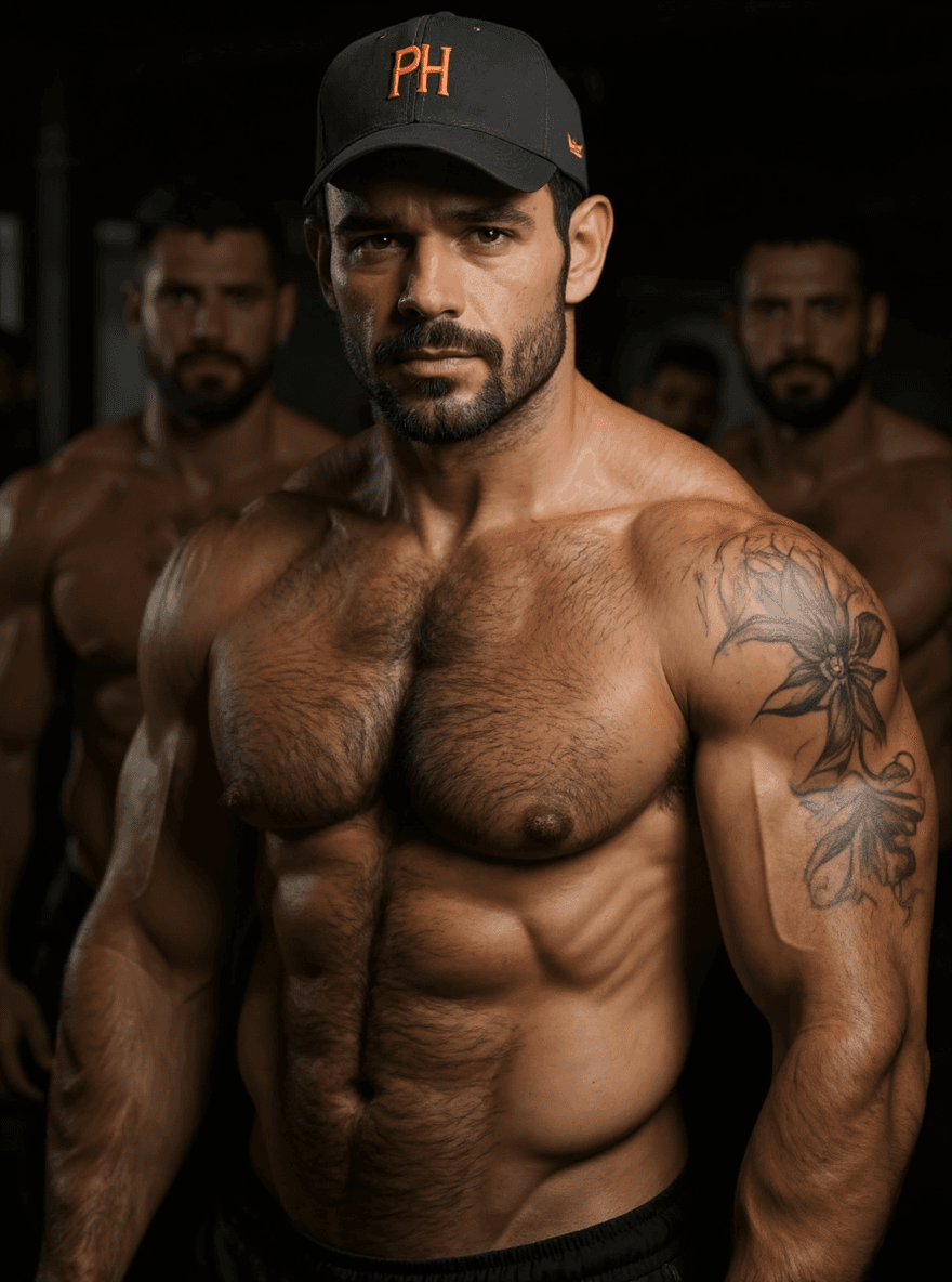 AI generated: "A muscular, hairy man with an intense and confident expression, featuring deep-set brown eyes, a st...