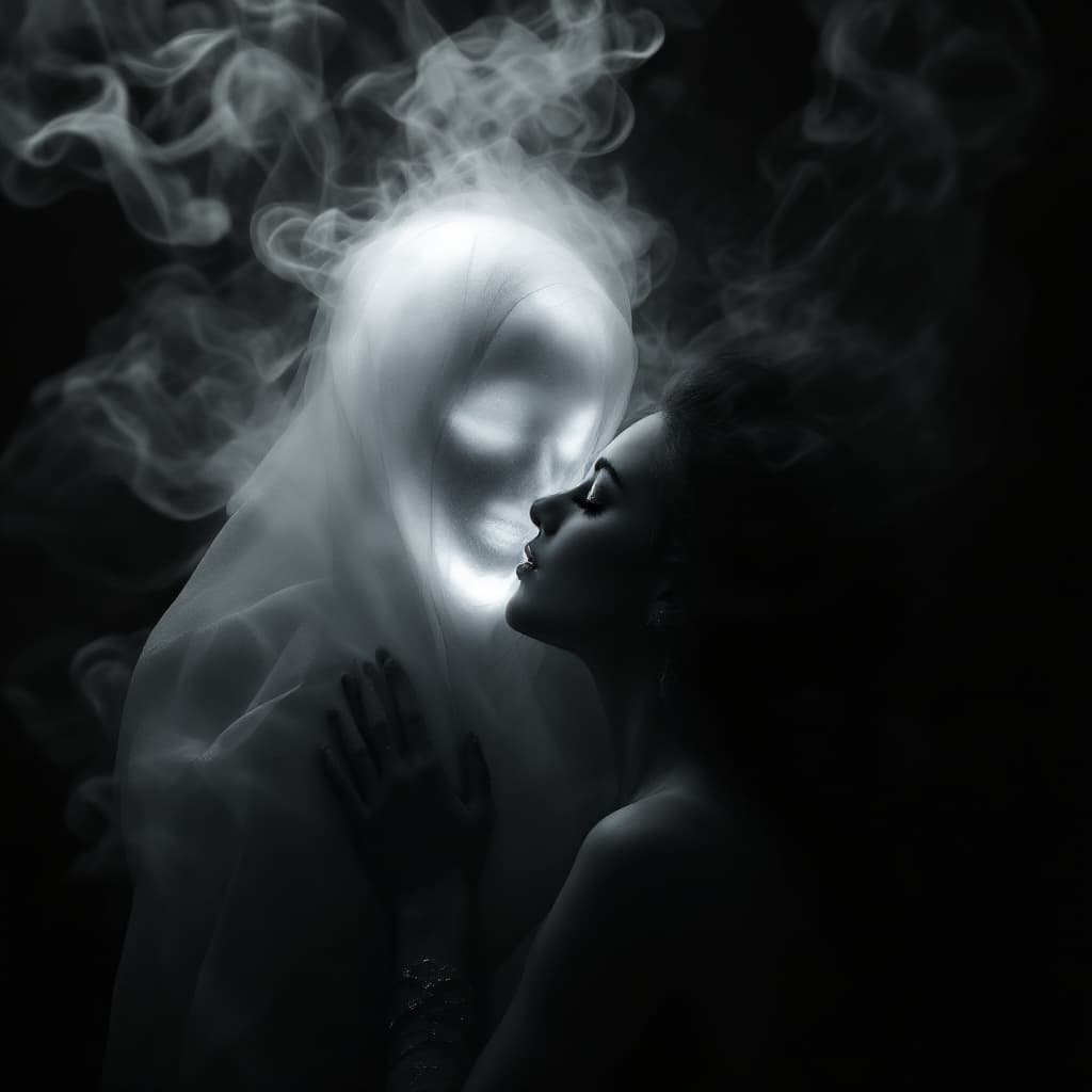 AI generated: image of a lady kissing a ghostly shrouded male face, barely visible  ,enveloped in a shroud-like ma...