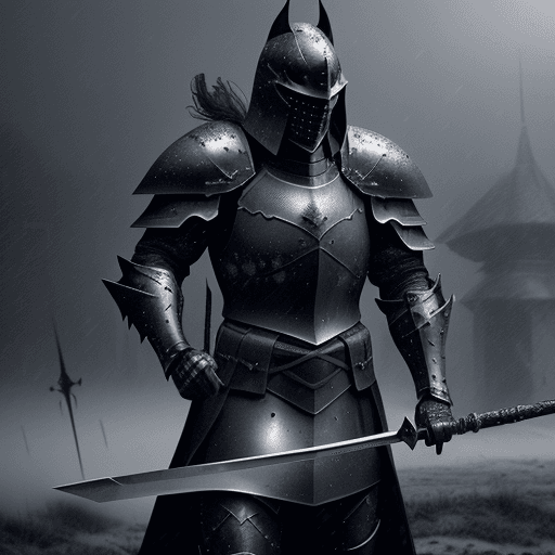 AI generated: Black Knight, armor, black armor, Silver lining, holding a spear by the handle, fog, dead knights on...
