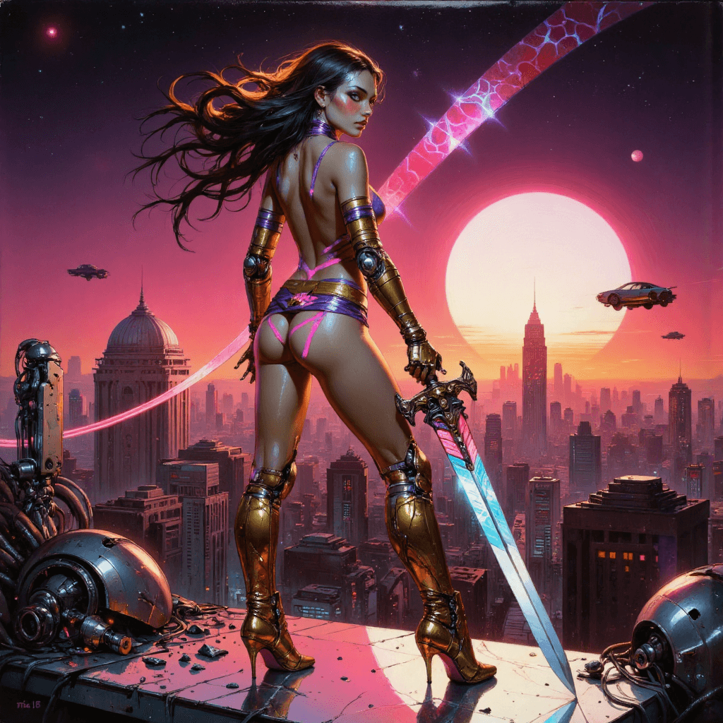 AI generated: A powerful and sensual female warrior (1.8) stands tall on a chrome-plated platform overlooking a sp...