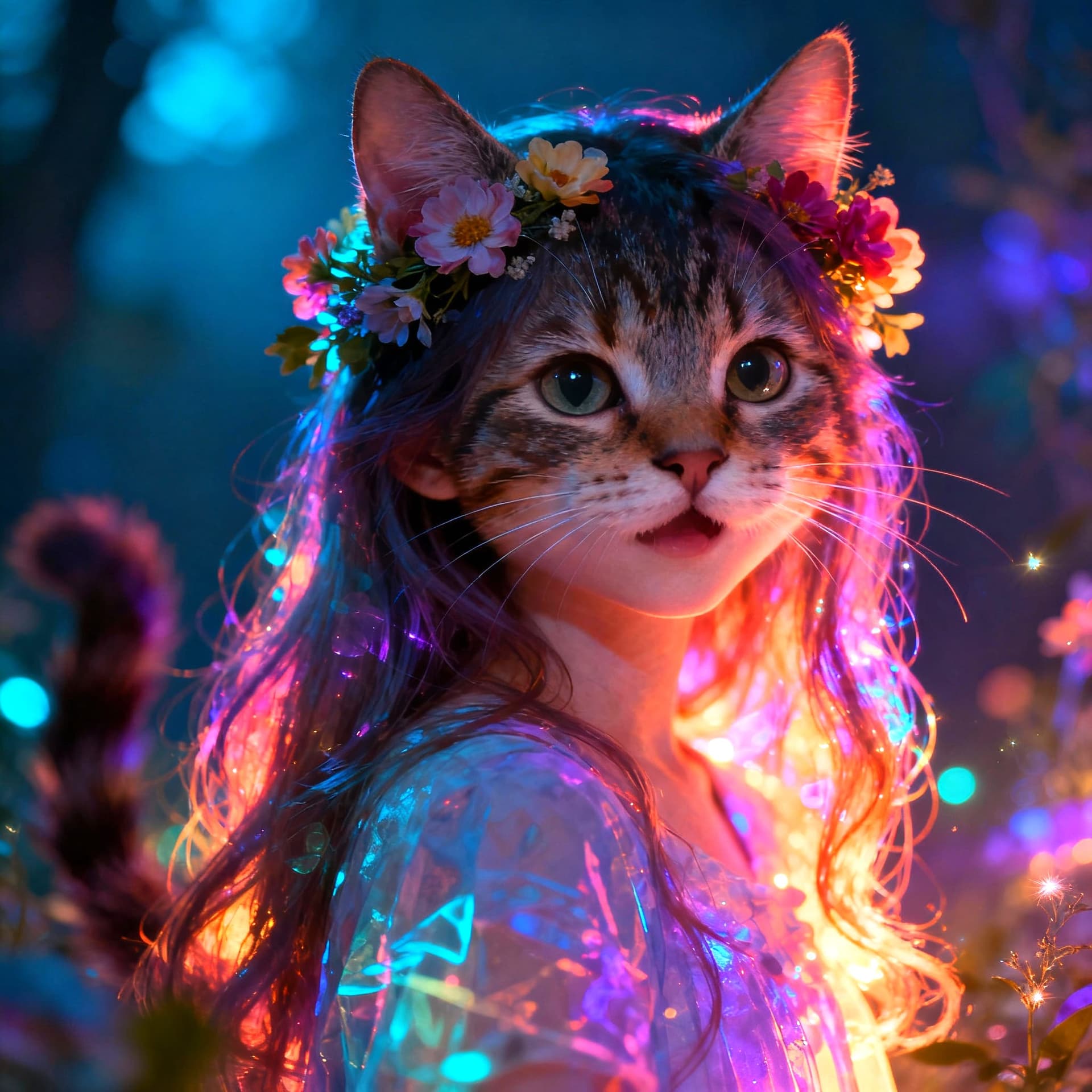 AI generated: Double exposure art, gorgeous pretty funny cat girl, long hair decorated with flowers,saturated colo...