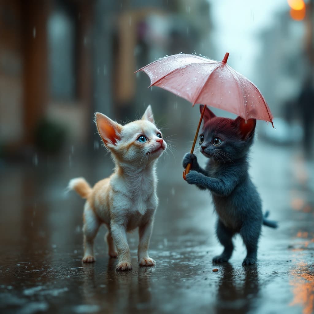 AI generated: A small,pink  Chihuahua walks alone in the rain, its fragile body drenched as water pours down, with...