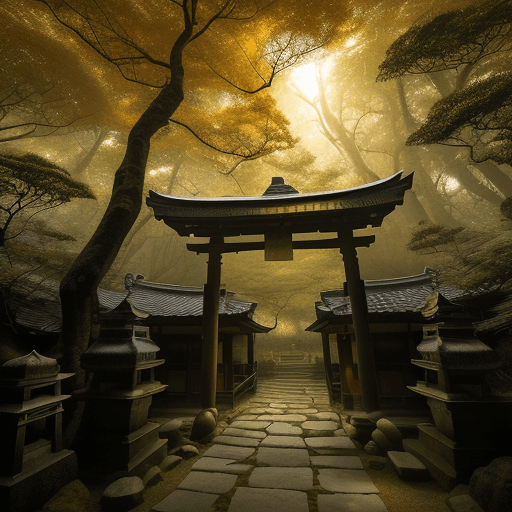 AI generated: As the first rays of the rising sun paint the ancient Japanese forest in hues of gold, Midjourney, t...
