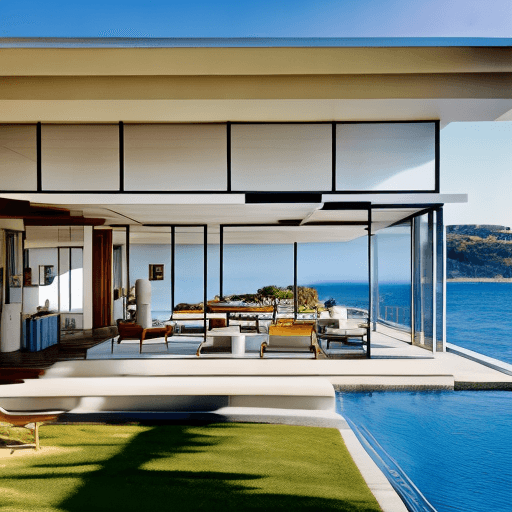 AI generated: Hyper realistic eye level exterior photo of a mid century modern style house overlooking the ocean, ...