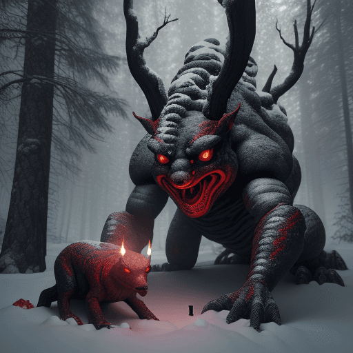 AI generated: two crawling creatures, red eyes, forest clearing, wide shot, snow on the ground, ancient trees on b...