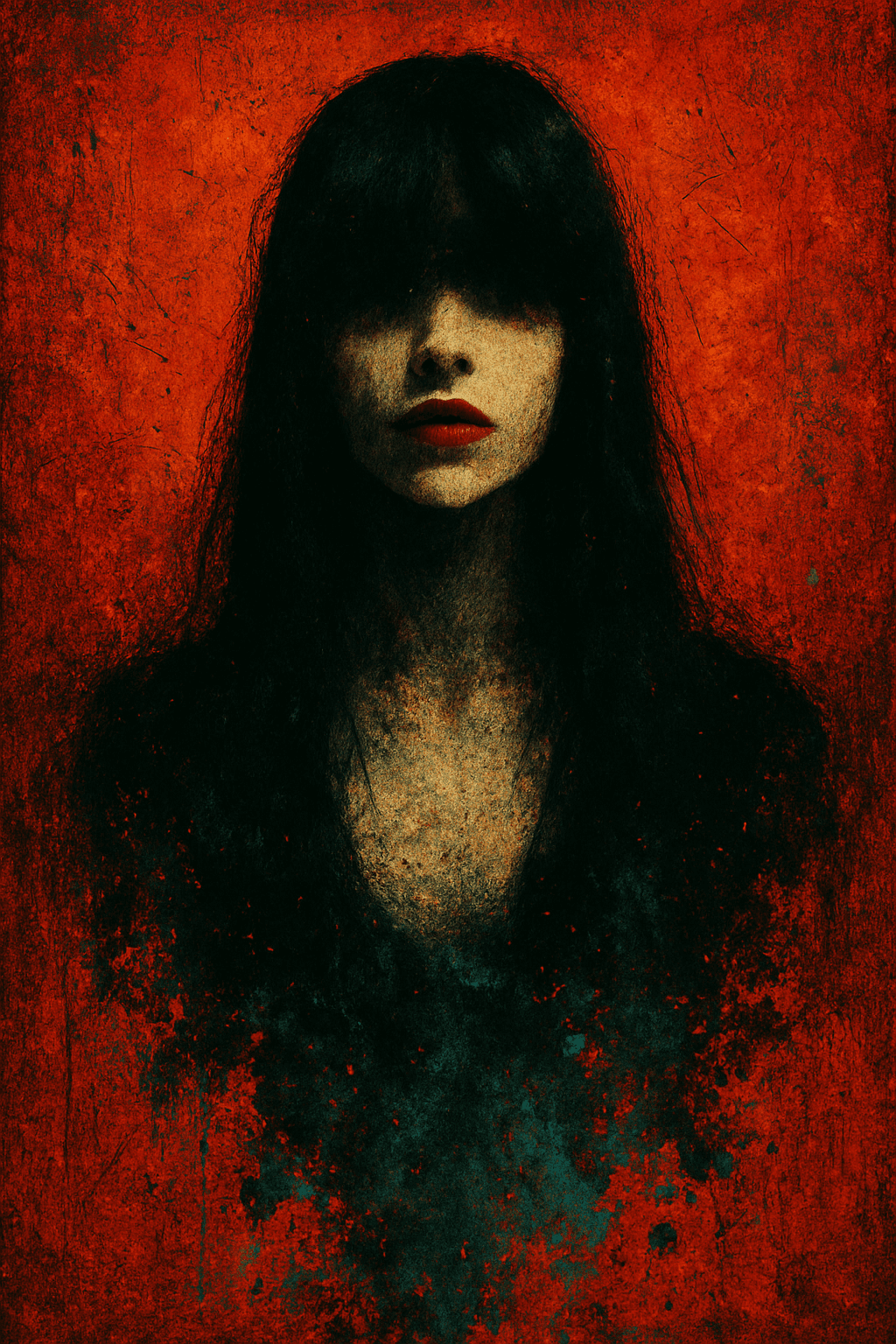 AI generated: A dramatic portrait of a mysterious woman with long, straight black hair and full lips, set against ...