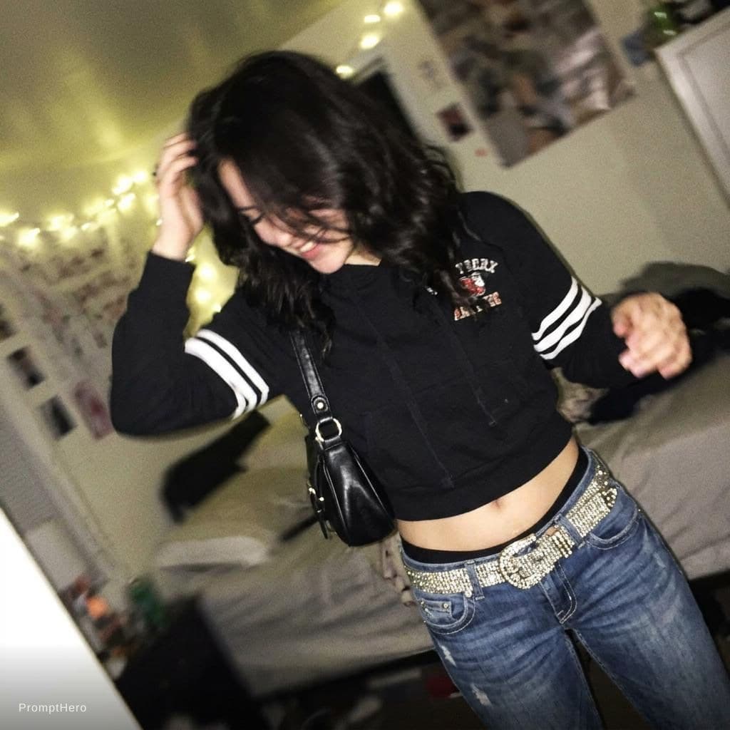 AI generated: a lo-fi 2015s-era, diagonally taken, low-quality iPhone photo of a 20-year-old baddie. The shot is i...