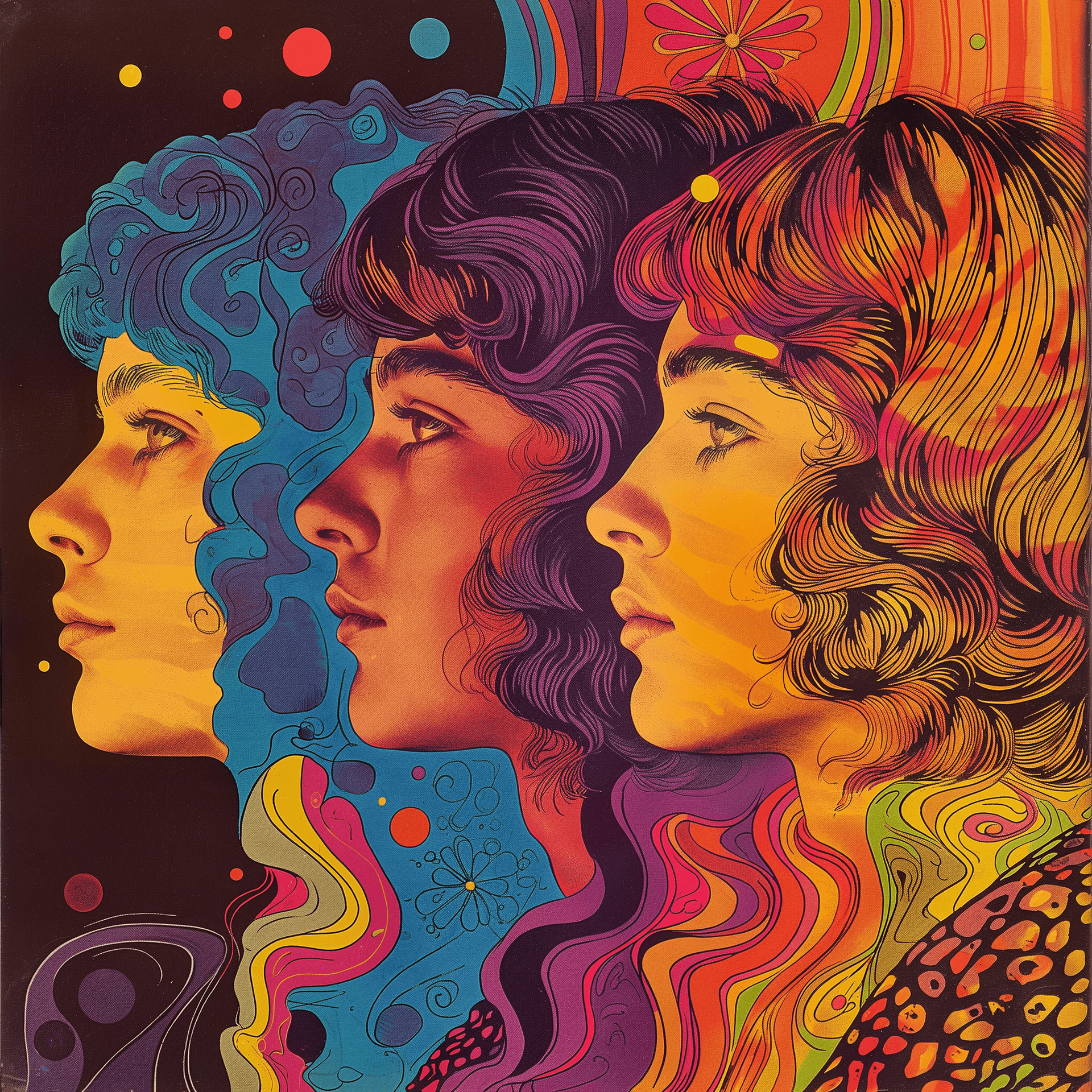AI generated: 1970's rock band, album cover art, psychedelic, bold colors, vintage --ar 100:100