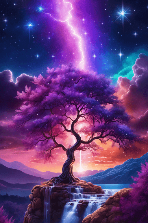 AI generated: Ultra realistic Photo of a colorful tree, purple, night, soft lighting, Clouds, Magic Sky, Magic Atm...