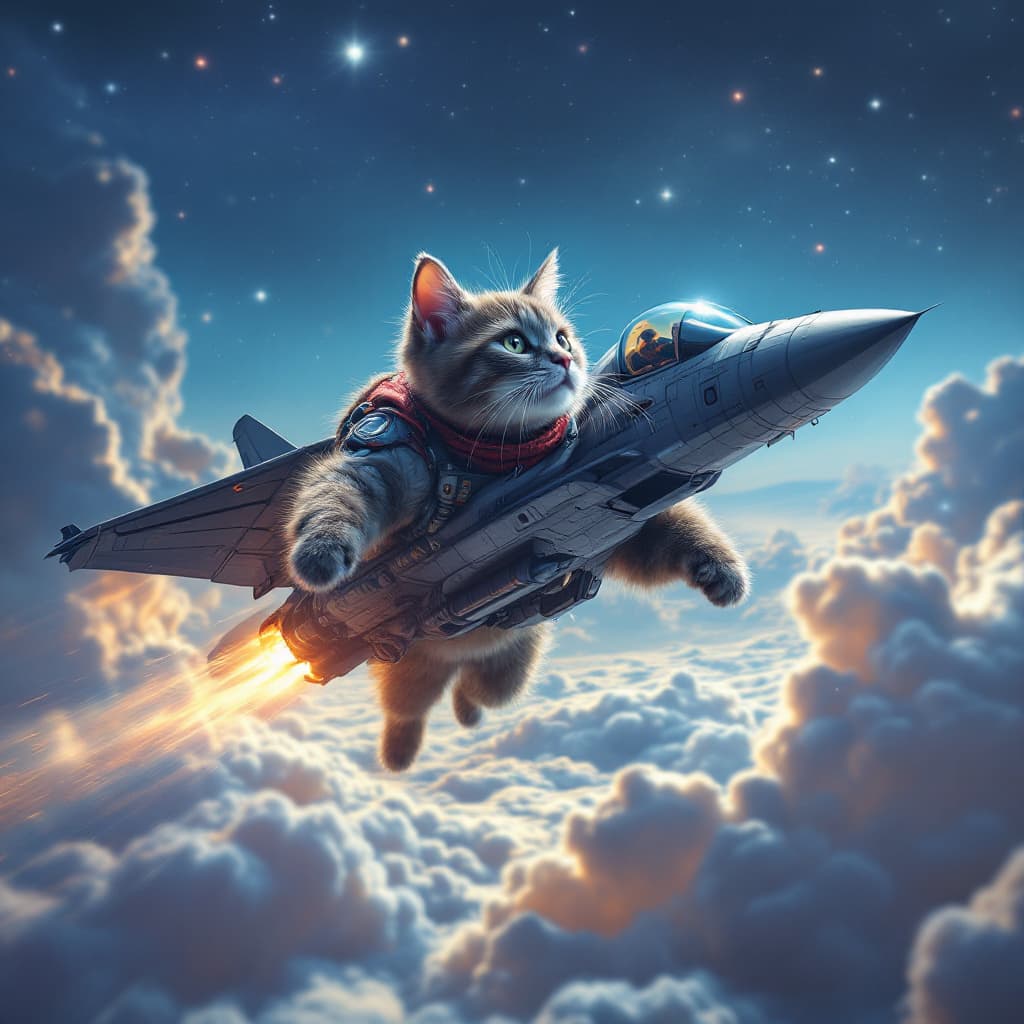 AI generated: Space cat flies in the sky like a fighter jet 