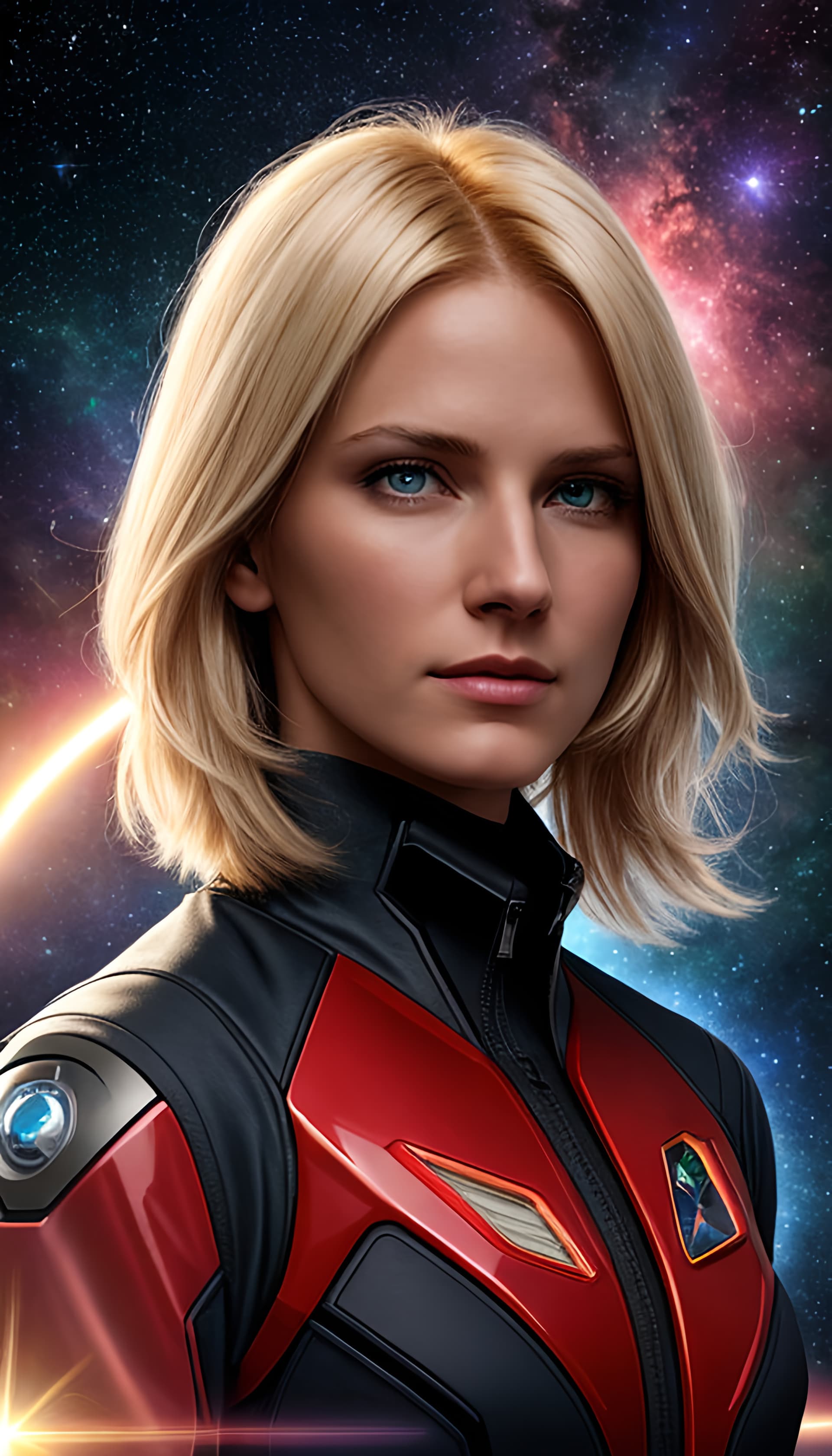 AI generated: A starfield poster of of a female with short blond straight hair, looking towards camera with lens f...