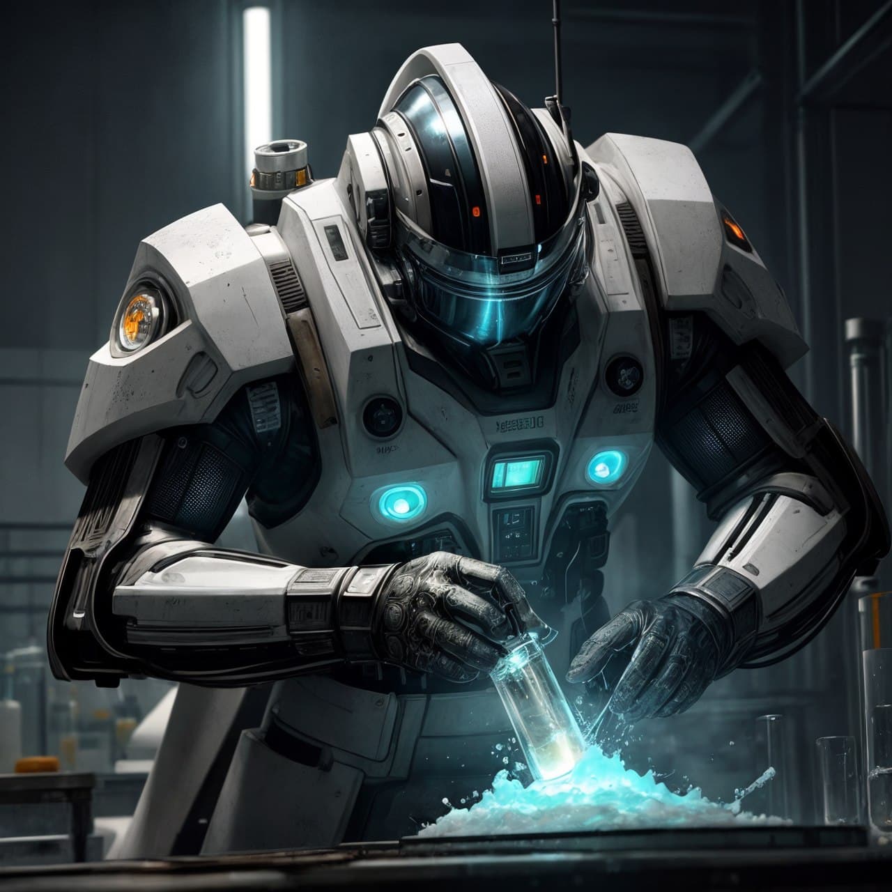 AI generated: epic realistic, scientist mixing a substance in a beaker. in a white coat. A futuristic laboratory. ...