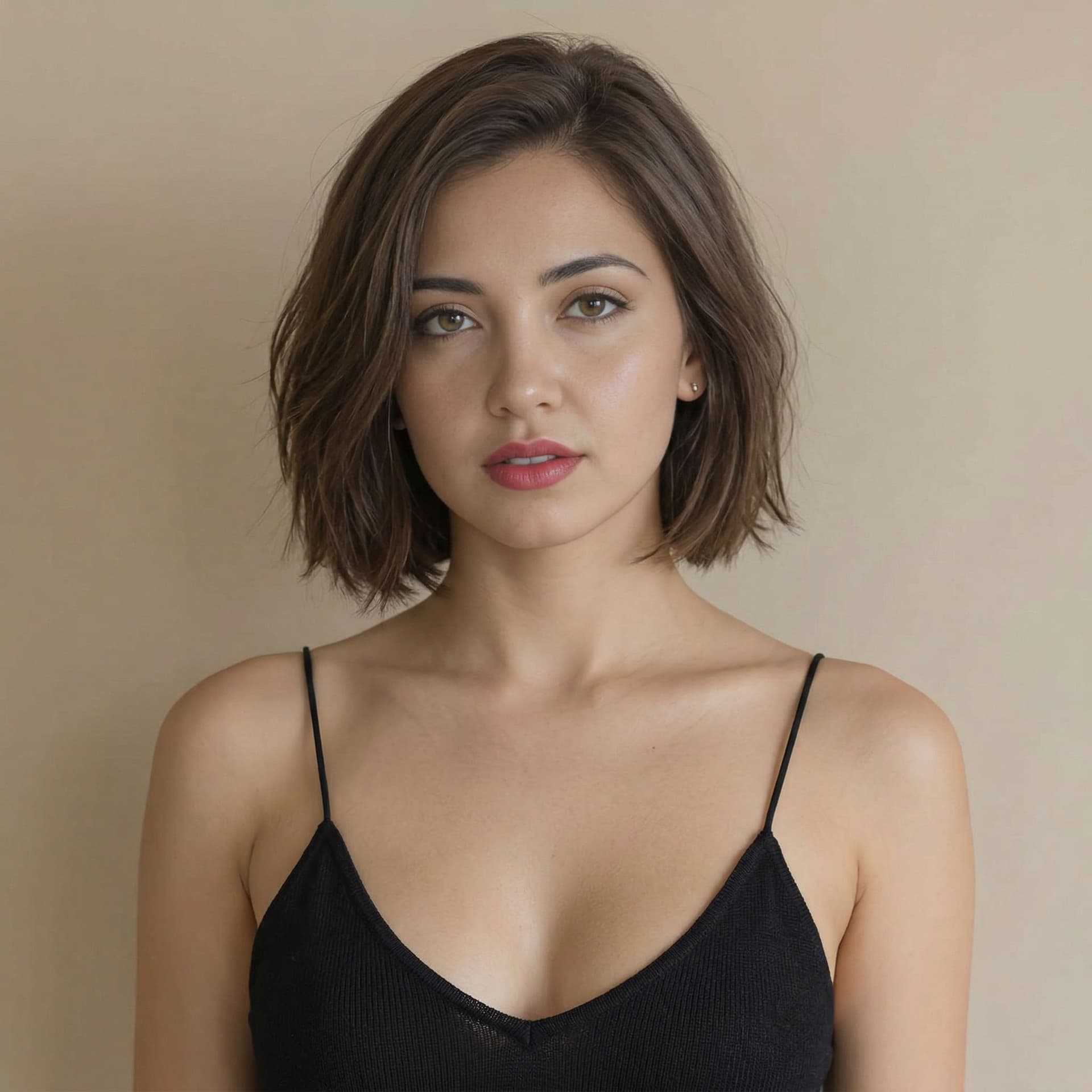 AI generated: The photograph features a young woman with short brown hair and fair skin. She is looking directly a...