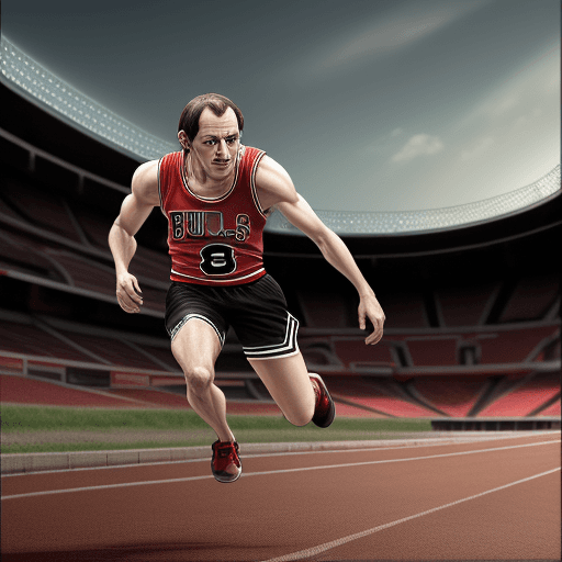 AI generated: beetle insect running track , dressed in running short and shirt uniform, Chicago Bulls jersey, real...