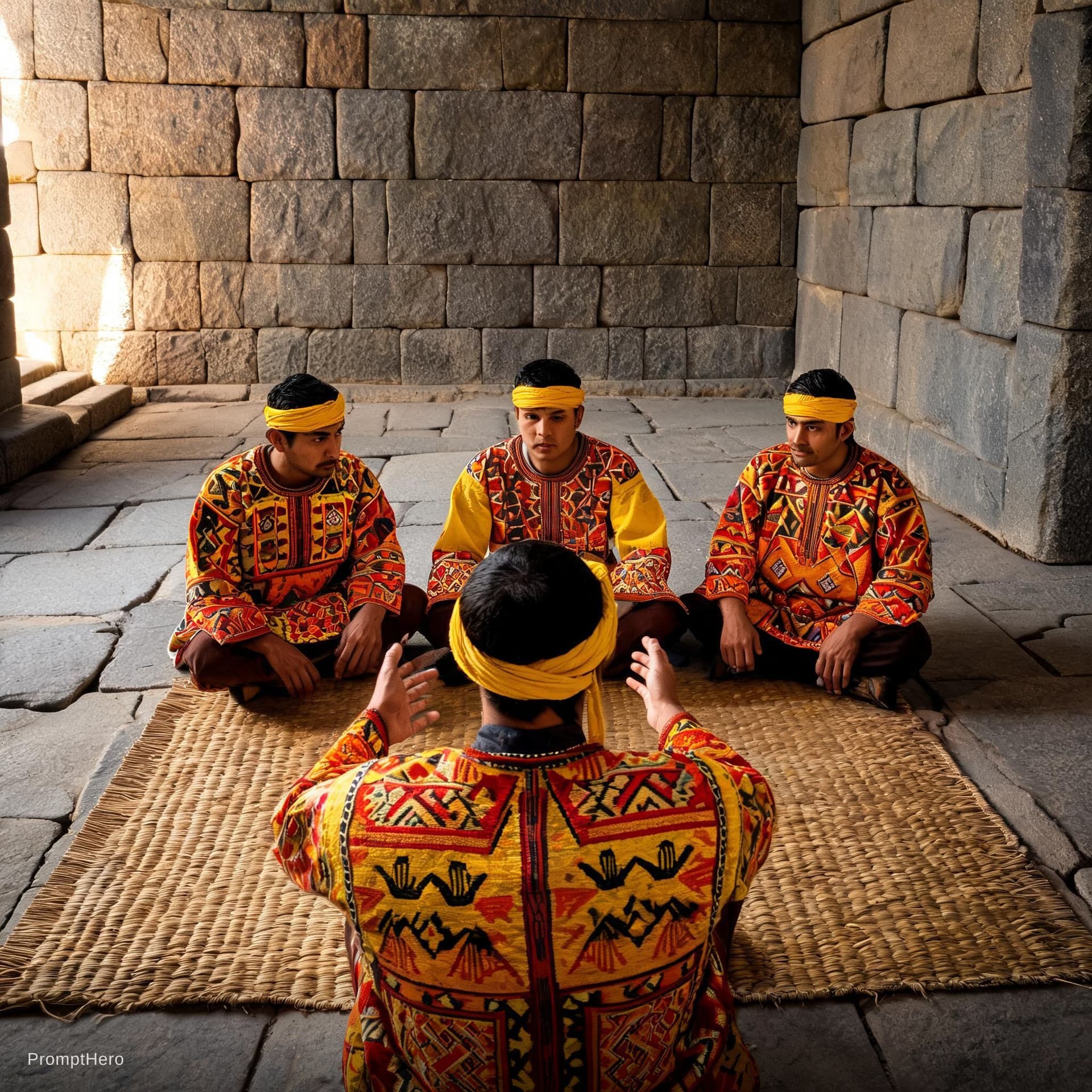 AI generated: A group of Inca men sit inside a stone room evoking the traditional architecture of the Inca Empire,...
