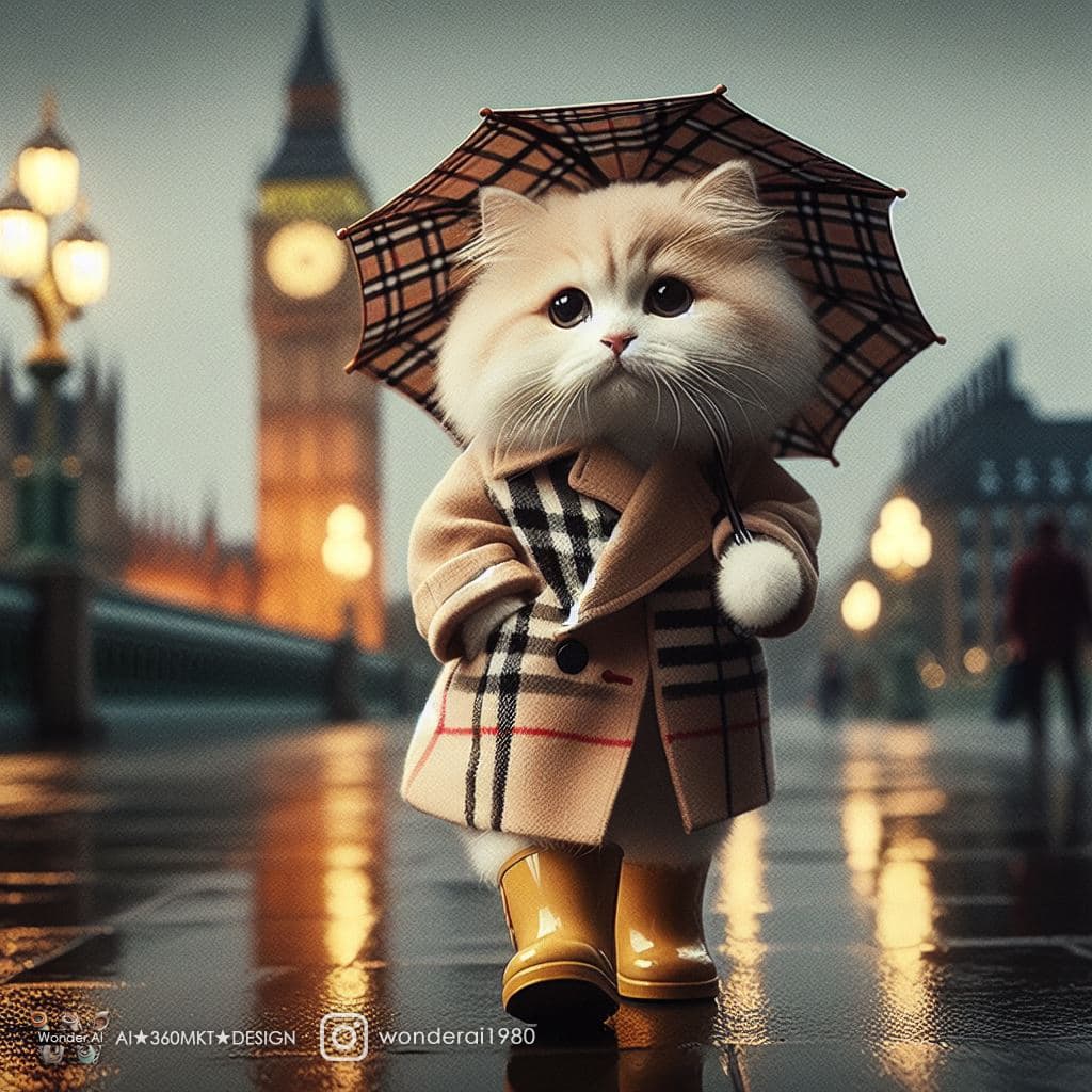 AI generated: anthropomorphic real adorable cream-colored cat, wearing a pensive ex-pression, clad in a classic Bu...