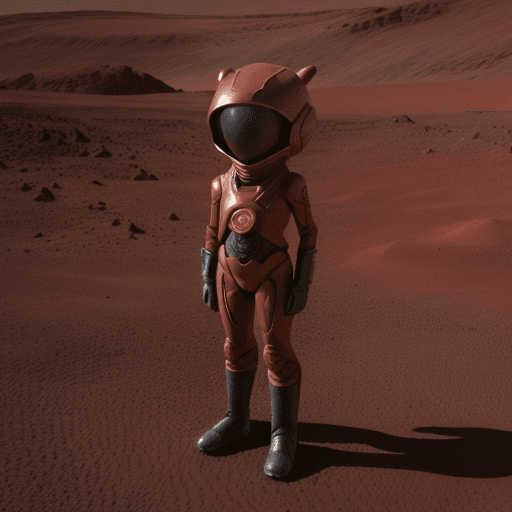 AI generated: Cute Alien wearing red combat suite standing on red planet with little 2 years old girl