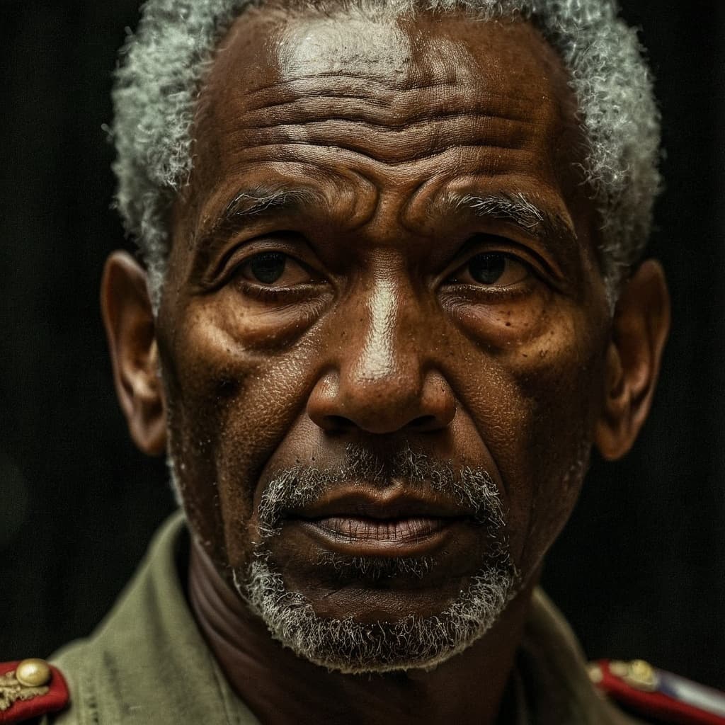 AI generated: breathtaking close up portrait of 80yo Caribbean male World War II soldier at night 1945, Oblong fac...