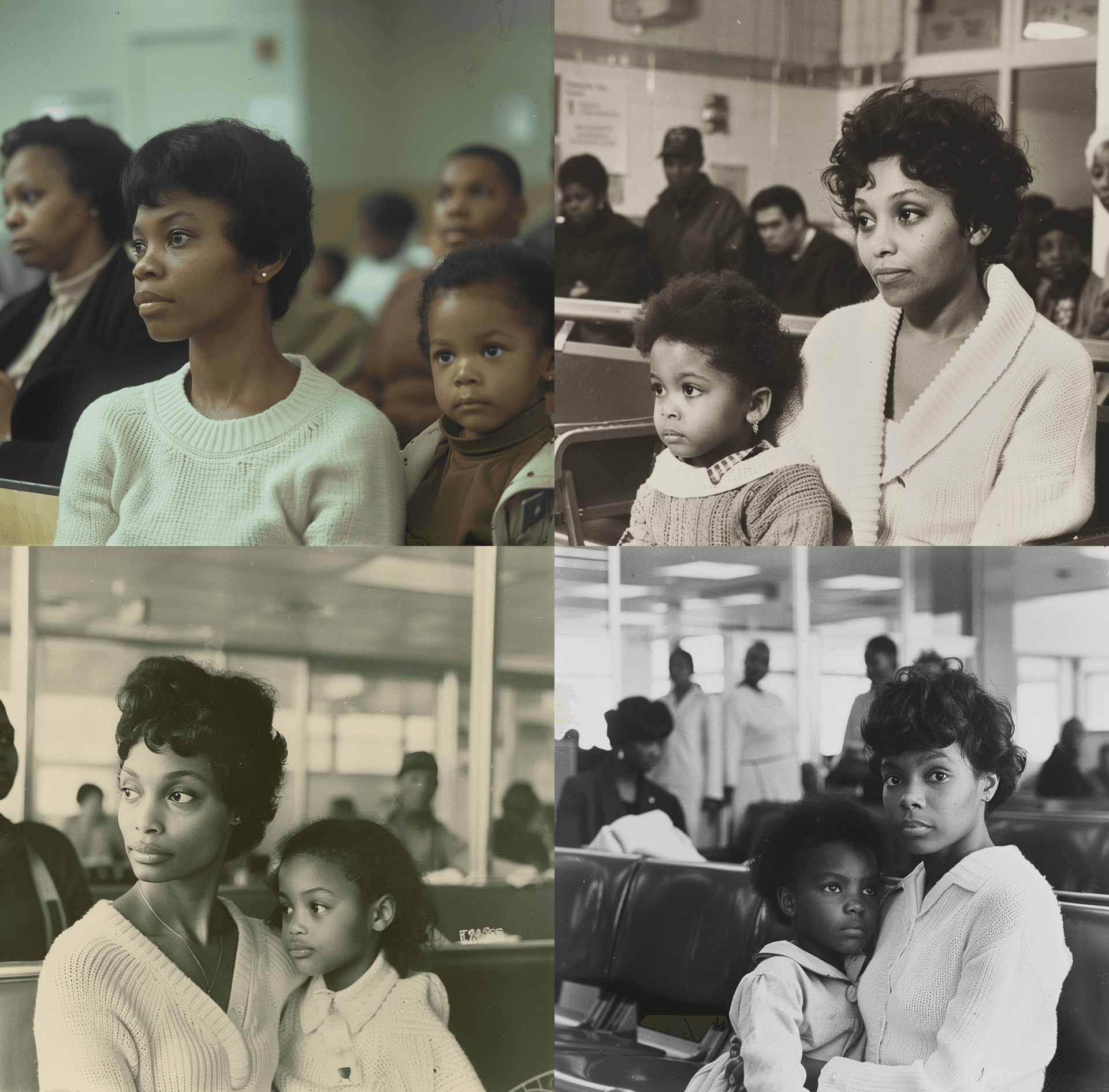 AI generated: vintage photo of an American black woman with short hair wearing a white sweater, sitting next to he...
