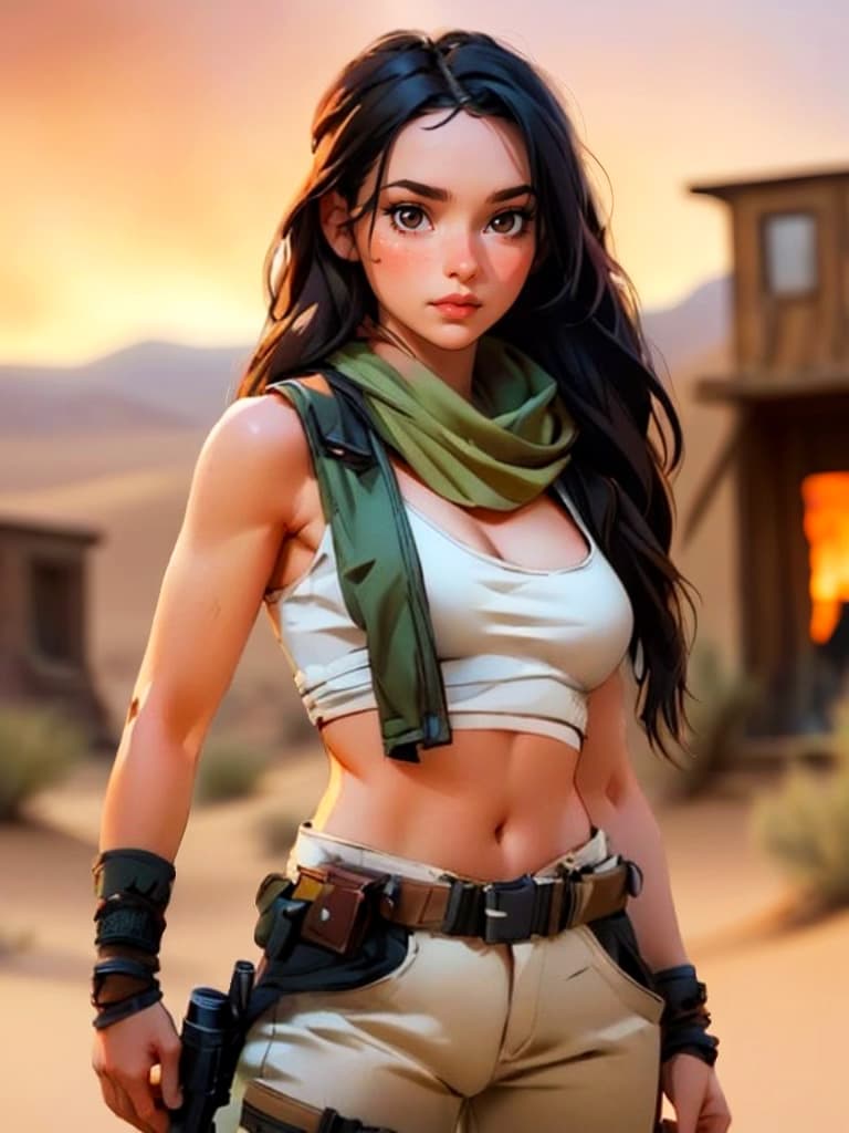 AI generated: A female in post-apocalyptic attire with a desert scarf, curvy body, long black hair, soothing tones...