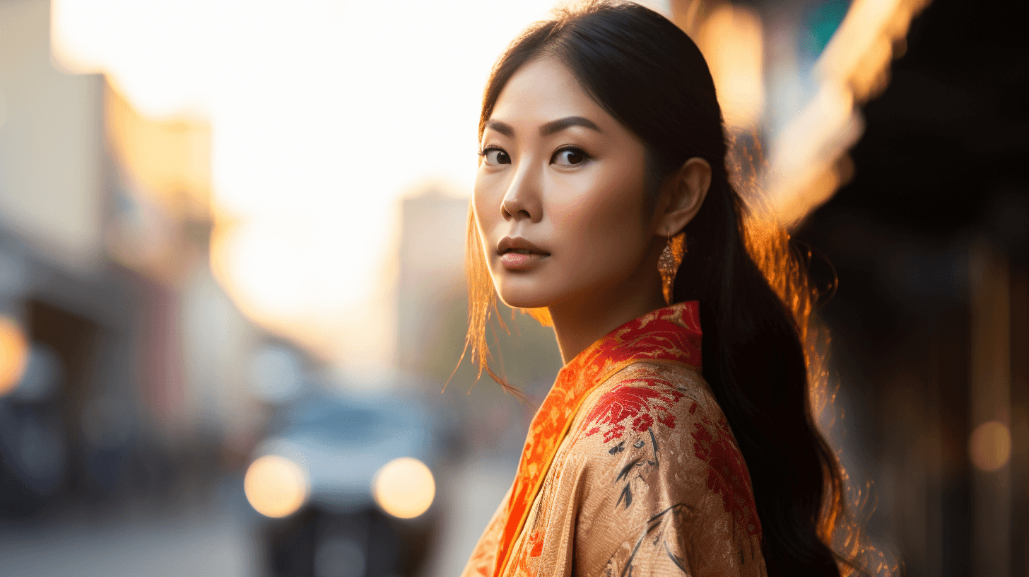 AI generated: very detailed image of a gorgeous young Asian lady standing on a bustling city street, observing the...