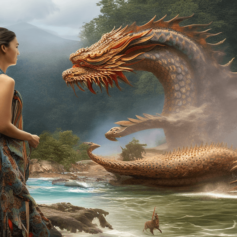 AI generated: a full wide photo shot of a person standing in the water next to a Chinese dragon, in the style of f...
