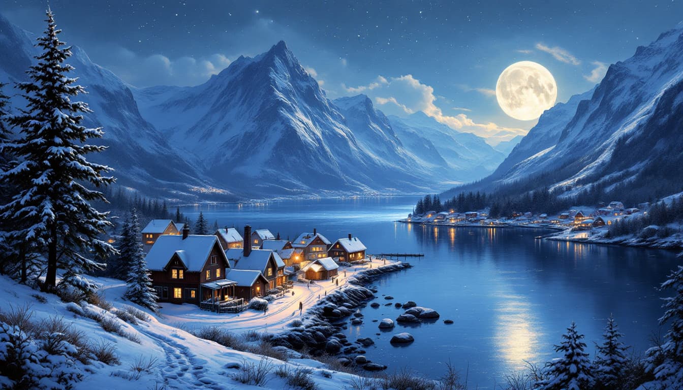 AI generated:  Paysage et village norvégiens, saison de Noël, peinture d’art numérique créative, avec de beaux dét...