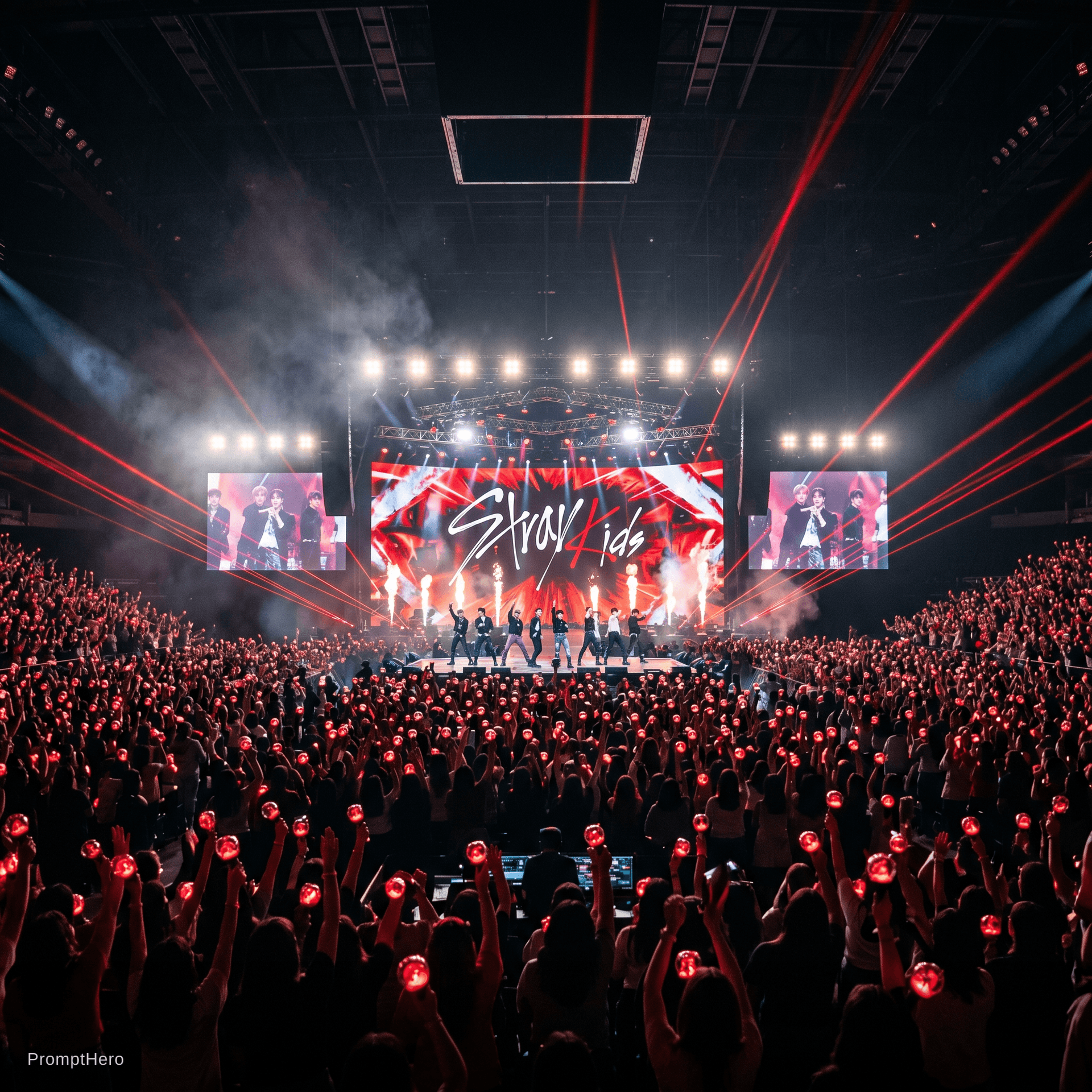 AI generated: Epic Stray Kids KPOP concert arena, massive indoor stadium packed with thousands of Stray Kids fans ...