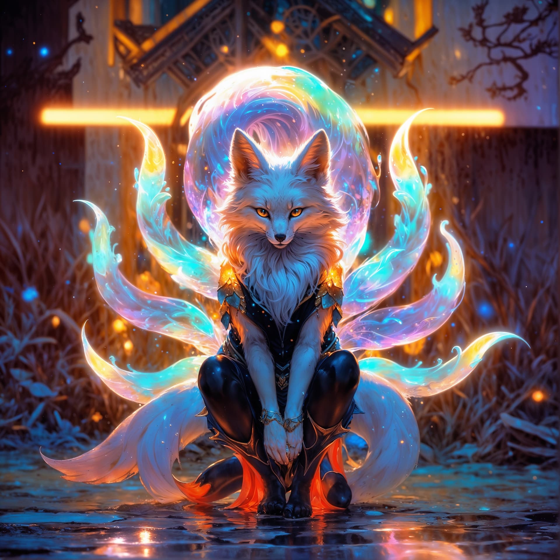 AI generated: In the photograph, a stunningly ethereal anthropomorphic fox with multiple tails commands attention....