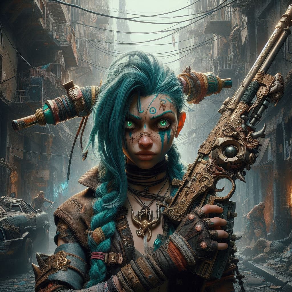 AI generated: Capture Jinx's chaotic essence in a hyper-realistic photograph set in Zaun's undercity. Use advanced...