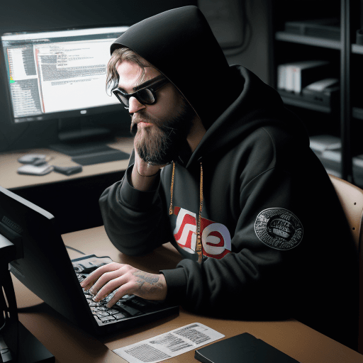 AI generated: hacker, darkroom, coder, computer, man, medium beard, cool, grunge, (typing), ultra detailed detaile...