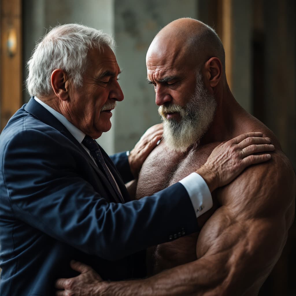 AI generated: high-resolution photo of old man spanking muscular young man, old man wears suit and tie, photoreali...