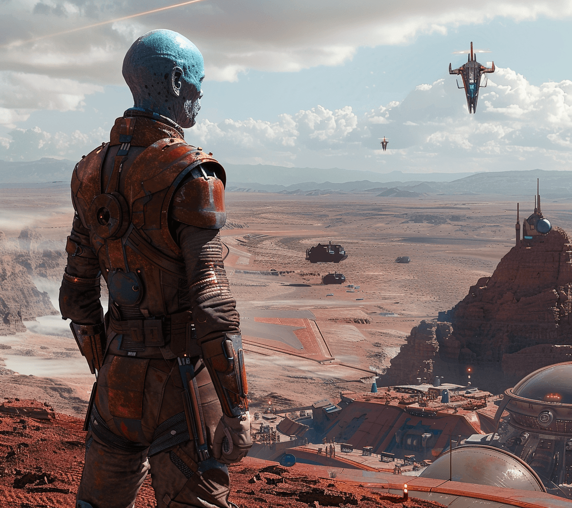 AI generated: concept art of an alien space station in the background, there is one blue skinned and bald humanoid...