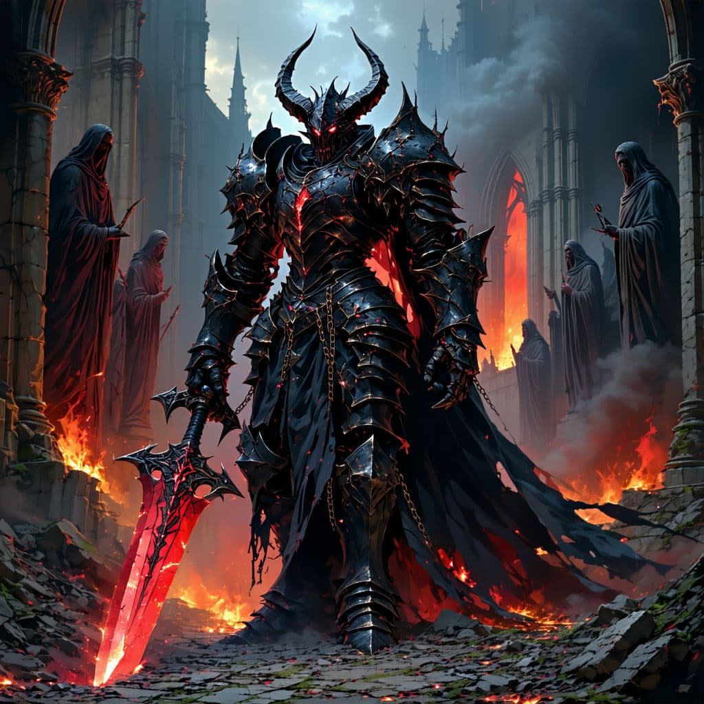 AI generated: A monstrous, armored demon knight stands at the edge of a ruined gothic cathedral, its body wrapped ...