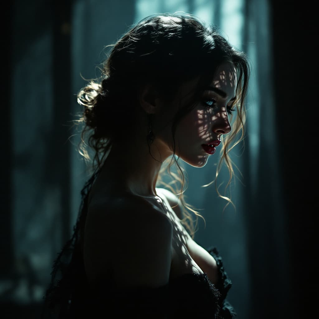 AI generated: An ethereal woman bathed in complex light and shadow, standing gracefully in a dimly lit room. The l...