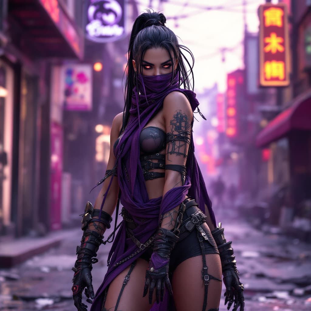 AI generated: Mortal Kombat Mileena, cyberpunk, outdoor, street, purple, hyperrealism, photorealistic, 8k, unreal ...