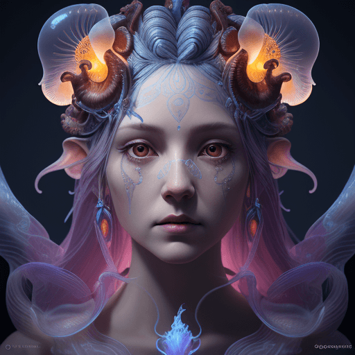 AI generated: Goddess close-up portrait ribcagel. jellyfish phoenix head, nautilus, orchid, skull, betta fish, bio...
